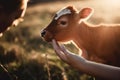 farmer's hand stroking a small newborn calf in the field