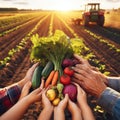 farmer\'s hands and child hands holding bunch of vegetables harvest on planted field with vehicle.