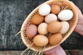 Farmer`s hands hold domestic hens eggs in basket on old wooden texture background. Natural white and red brown eggs. Closeup, top Royalty Free Stock Photo