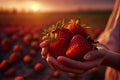 Farmer& x27;s hands holding ripe strawberries. AI generated Royalty Free Stock Photo