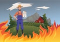 Farmer`s insurance concept, vector illustration. Fire on the farm. A calm farmer stands and holds the insurance in his