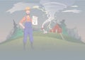 Farmer`s insurance concept, vector illustration. Tornado on the farm. A calm farmer stands and holds the insurance in