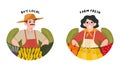 Farmer`s Market flat design vector illustration. Set farmers standing at counter of greengrocer`s shop or marketplace selling