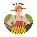 Farmer`s Market flat design vector illustration. Support local farmers concept. Man standing at counter greengrocer`s shop or Royalty Free Stock Photo