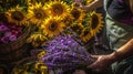 a farmer\'s market flower stall overflowing with blooms