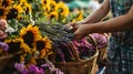 a farmer\'s market flower stall overflowing with blooms