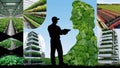 FarmerÃ¢â¬â¢s silhouette with images of vertical farming installations Royalty Free Stock Photo