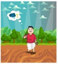 Farmer sadly wearing for rain as farmer can`t start farming without water. character design of farmer thinking about rain for