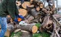 Farmer sawing a log with a chainsaw