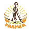 A farmer with a scythe in a field