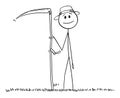 Farmer With Scythe Mowing Grass , Vector Cartoon Stick Figure Illustration