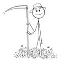 Farmer With Scythe Mowing Grass , Vector Cartoon Stick Figure Illustration