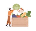 Farmer selling fresh farm vegetables to buyer. Person buying local organic food from seller. Tiny people and wood crate