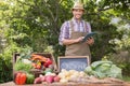 Farmer selling organic veg at market Royalty Free Stock Photo