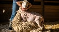 Sheep Shearing by Farmer in Barn Royalty Free Stock Photo