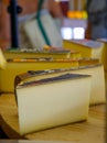 Farmer shop in Poligny, Jura, France, along touristic Comte cheese route, assortment of Compe cheeses