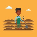 Farmer with shovel at field vector illustration.