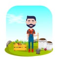 Farmer with shovel, vegetables and fertilizers. vector illustration