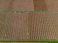 The farmer shoveling the soil in the plot, High angle shot agricultural plantation, agriculture drone flight farmland survey in
