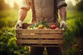 Farmer showcasing diverse assortment of fresh vegetables in box against sunny farm backdrop