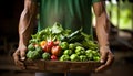 Farmer showcasing fresh vegetables tomatoes, carrots, lettuce, cabbage, bell peppers on farm