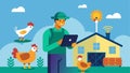 A farmer is shown using an AIpowered system that analyzes data from their chicken coop to optimize feed water and Royalty Free Stock Photo