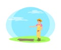 Farmer Sowing Seeds Into Garden Beds Cartoon Icon