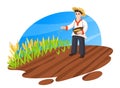 Farmer sowing wheat grains in a wheat field. Farming and agriculture cartoon flat concept illustration. Isolated on