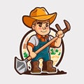 A farmer with a spade in his hand while cultivating vegetables in his field. Agriculture, farm concept. Cartoon vector Royalty Free Stock Photo