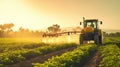 farmer spraying field of vegetables with tractor. Generative Ai Royalty Free Stock Photo