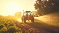 farmer spraying field of vegetables with tractor. Generative Ai