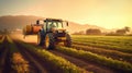 farmer spraying field of vegetables with tractor. Generative Ai Royalty Free Stock Photo