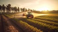 farmer spraying field of vegetables with tractor. Generative Ai