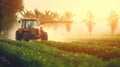 farmer spraying field of vegetables with tractor. Generative Ai