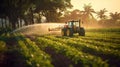 farmer spraying field of vegetables with tractor. Generative Ai Royalty Free Stock Photo