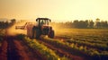 farmer spraying field of vegetables with tractor. Generative Ai Royalty Free Stock Photo
