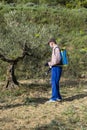 Farmer spraying herbicide in a field of olive trees.