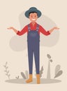 The farmer spreads his hands to the sides. Vector illustration
