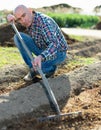 Farmer spreads rake garden beds