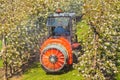 A farmer is sprinkling his blooming orchard