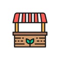 Farmer stall, food market, striped awning flat color line icon.