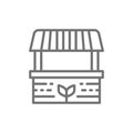 Farmer stall, food market, striped awning line icon.