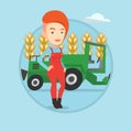 Farmer standing with combine on background.