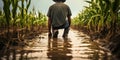 Farmer standing in a flooded cornfield, reflecting on climate change\'s impact on agriculture Royalty Free Stock Photo