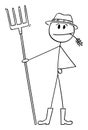 Farmer Standing with Fork Chewing Grass, Vector Cartoon Stick Figure Illustration