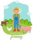 Farmer standing on green lown with farm animals banner, poster vector illustration. Smiling man in overalls and hat with Royalty Free Stock Photo