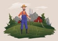 Farmer standing with a pitchfork on the farm. Mountain rural landscape in the background. Ranchman character, vector