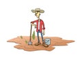 A farmer standing on the soil cracked by drought. Vector illustration on the topic of drought, crop failure, natural