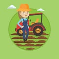 Farmer standing with tractor on background.