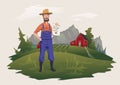 The farmer stands on the farm and holds a paper document. Private ownership or insurance. Vector illustration,
